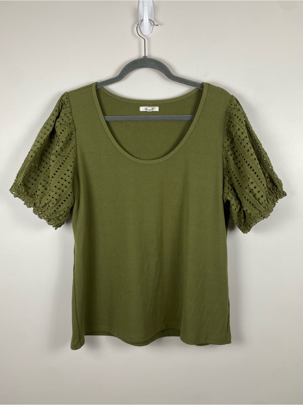 Maurice's Eyelet Puff Sleeve Scoop Neck Top -‎ Olive